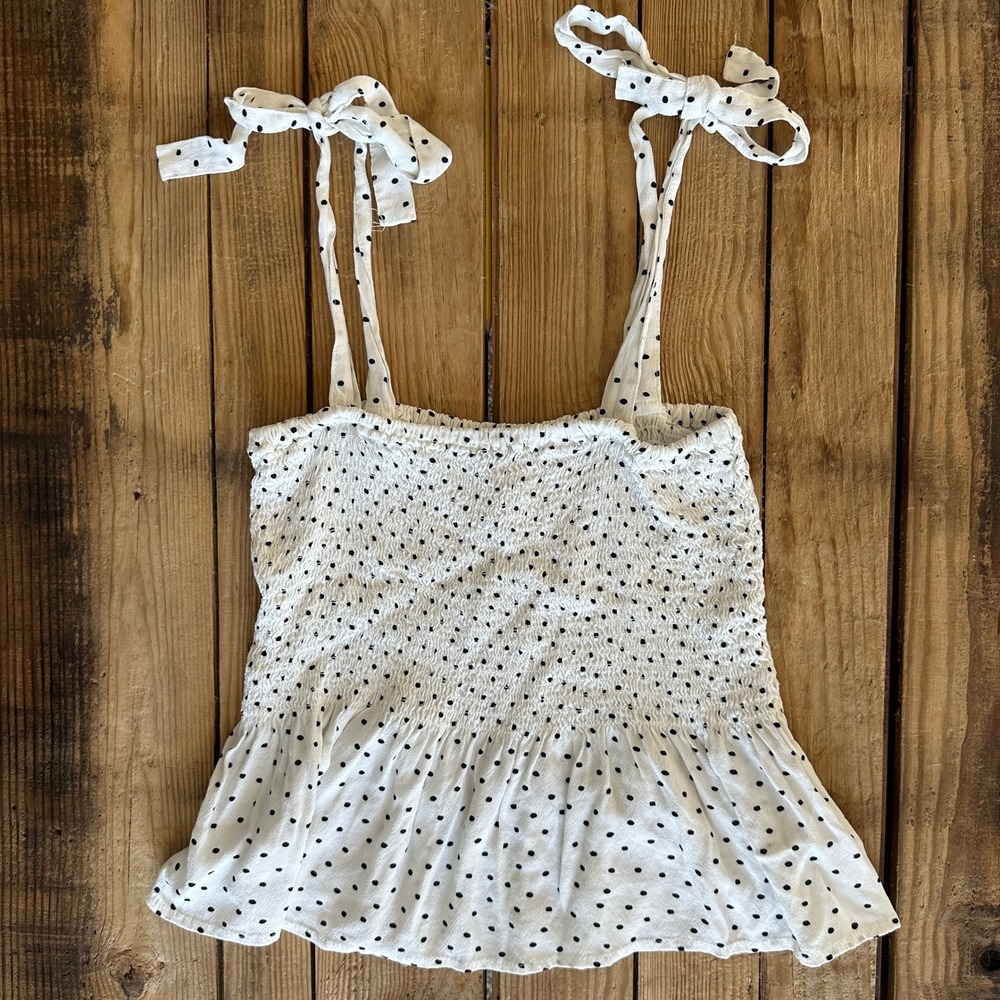 Thread & Supply Polka Dot Smocked Peplum Cami Top White Black Tie Shoulder Small